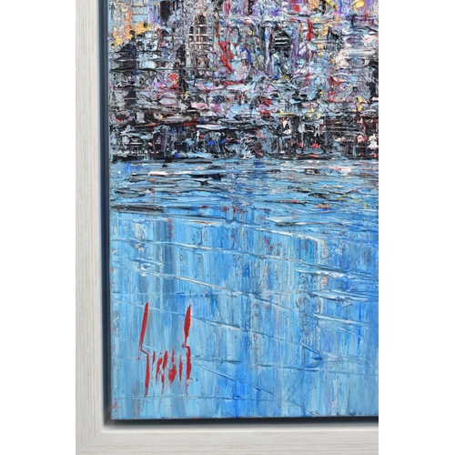 319 - CARL SCANES (BRITISH 1961) 'CITY REFLECTIONS V' a London skyline across the River Thames, signed bot... 