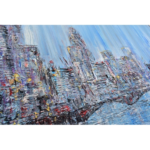 319 - CARL SCANES (BRITISH 1961) 'CITY REFLECTIONS V' a London skyline across the River Thames, signed bot... 