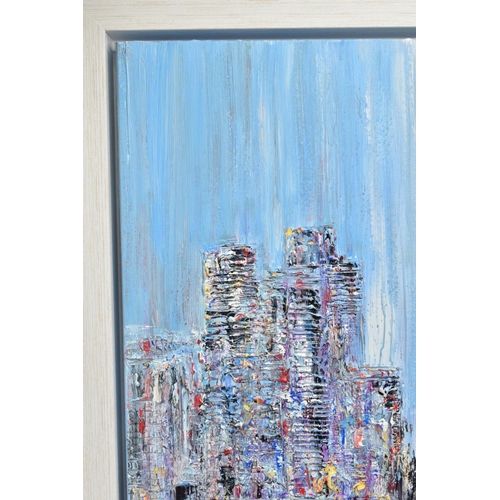 319 - CARL SCANES (BRITISH 1961) 'CITY REFLECTIONS V' a London skyline across the River Thames, signed bot... 