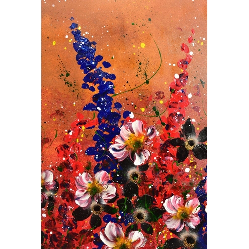 320 - CLARE SYKES (BRITISH 1972) 'PINK ABOUT MY DAISY' wild flowers against a burnt orange backdrop, signe... 