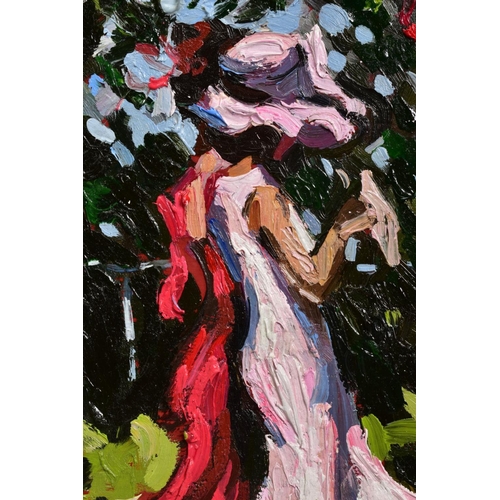 322 - SHERREE VALENTINE DAINES (BRITISH 1959) 'THE PINK DRESS' two female figures at the races, initialled... 