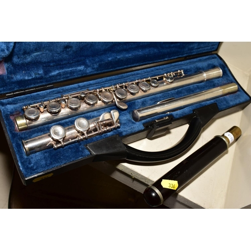 336 - TWO CASED SILVERED FLUTES, one marked Symphony, the other marked Buffet, Paris and a rosewood over b... 