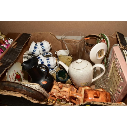 338 - SIX BOXES AND LOOSE OF MISCELLANEOUS ITEMS to include a Poole Pottery jug, Bossons Arab with Suluki ... 