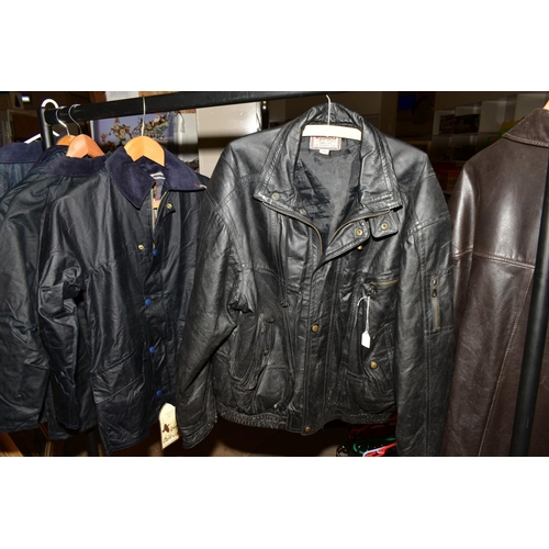 339 - FOUR NAVY BLUE WAX JACKETS by John Partridge with label attached, size 86cm, 97cm and two being 32''... 