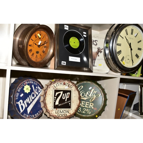 346 - A GROUP OF REPRODUCTION ADVERTISING SIGNS AND CLOCKS, to include three wall hangings in the shape of... 