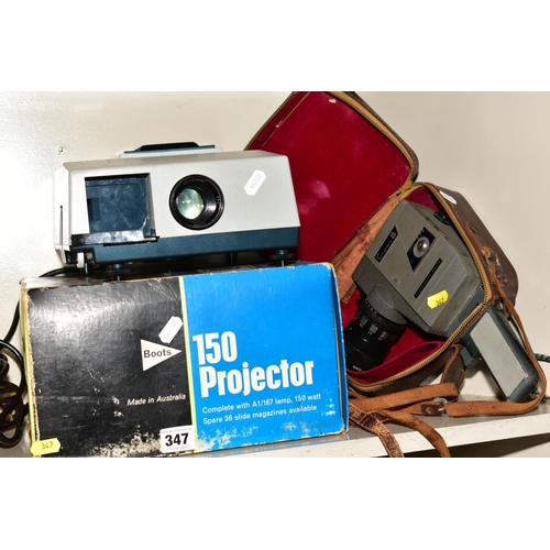 347 - A BOXED BOOTS 150 PROJECTOR, with a boxed Brownie 8 movie light, a cased Crown 8 model EZS recorder,... 