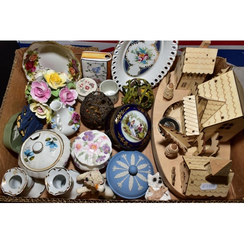 348 - FOUR BOXES OF MISCELLANEOUS ITEMS to include Servia & Sons Victorian dinner wares, four Royal Albert... 