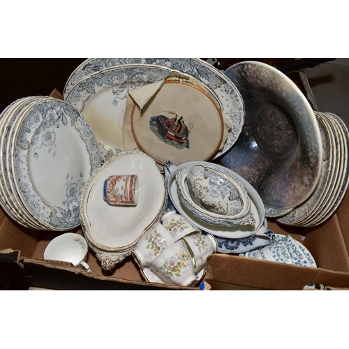 348 - FOUR BOXES OF MISCELLANEOUS ITEMS to include Servia & Sons Victorian dinner wares, four Royal Albert... 