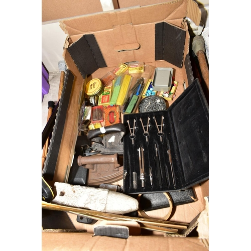 349 - THIRTEEN WALKING STICKS, A CASED PORTABLE TYPEWRITER, a cased Jones manual sewing machine, boxed Jak... 