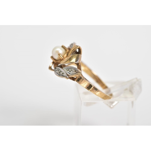 35 - A 9CT GOLD PEARL AND DIAMOND RING, set with a central single cultured pearl with a metal openwork de... 