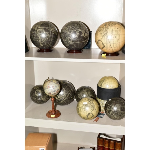 353 - VARIOUS NOVELTY ITEMS, to include ten modern desk globes, (some with stands), a novelty shaped desk ... 