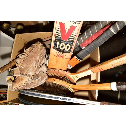 361 - A WOODEN AND CARD CASED JOHN JAQUES & SON LTD CROQUET SET, together with seven tennis racquets, Dunl... 