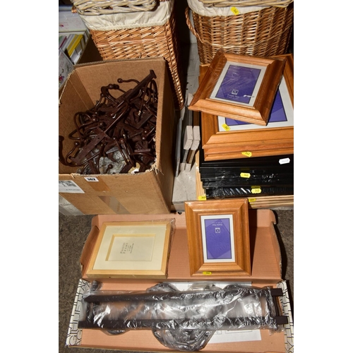 362 - A BOX OF IRON LETTER COAT HOOKS, four various wicker baskets/laundry bins, a boxed wooden coat hooks... 