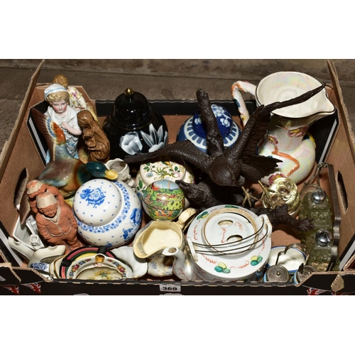 369 - TWO BOXES OF CERAMICS, GLASSWARE, METALWARES, CAMERAS, CLOCKS, etc including wooden and slate clock ... 