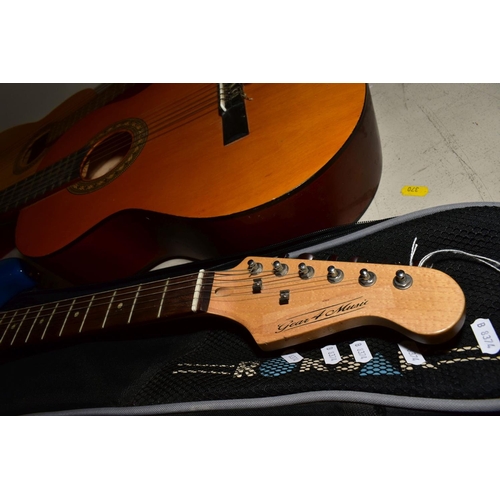 377 - TWO STUDENT CLASSICAL GUITARS AND A STRAT TYPE GUITAR, comprising a BM Classico, an Encore RCG50N an... 