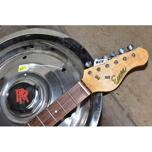 378 - A ROLLS ROYCE HUB CAP AND AN ENCORE STRAT TYPE GUITAR, in black with white scratch plate, three sing... 