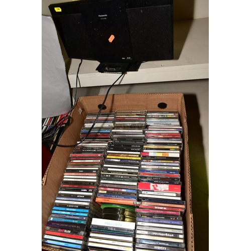 380 - SIX BOXES OF CDs AND DVDs, together with a Panasonic CD/Radio/Ipod player, a stereo in the form of a... 