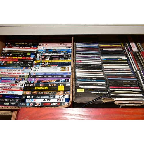 380 - SIX BOXES OF CDs AND DVDs, together with a Panasonic CD/Radio/Ipod player, a stereo in the form of a... 