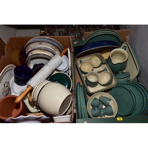 384 - FIVE BOXES OF KITCHEN CERAMICS AND GLASSWARE, etc, including green glazed Denby dinnerwares and an o... 