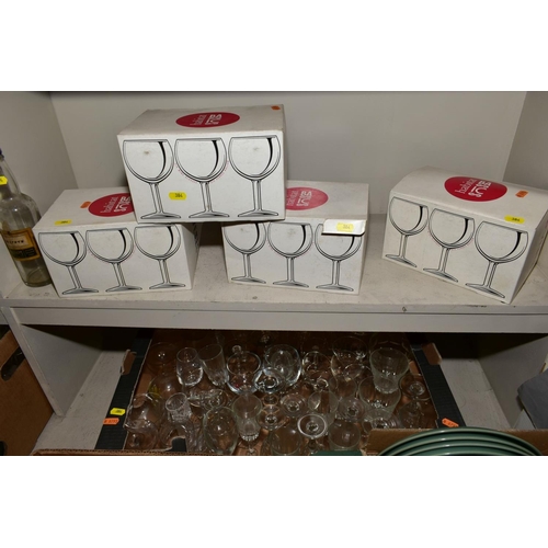 384 - FIVE BOXES OF KITCHEN CERAMICS AND GLASSWARE, etc, including green glazed Denby dinnerwares and an o... 