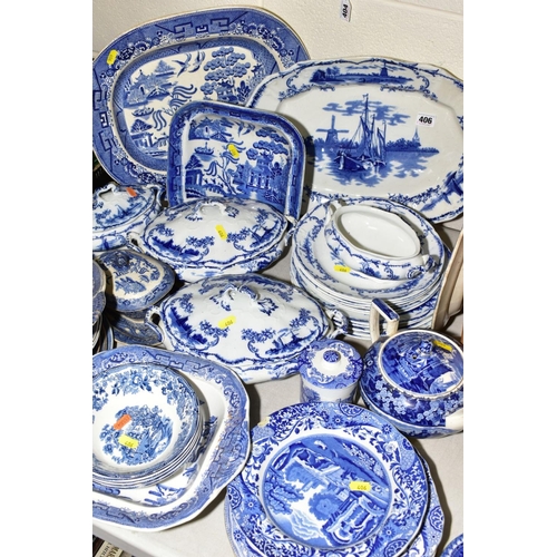 406 - A QUANTITY OF BLUE AND WHITE CERAMICS, to include Copeland 'Italian' Spode, Booths 'Real Old Willow'... 