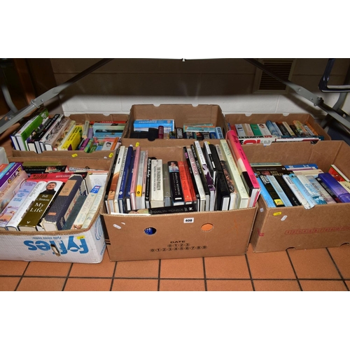 408 - SIX BOXES OF HARDBACK AND PAPERBACK BOOKS, to include collection Marilyn Monroe books, various autho... 