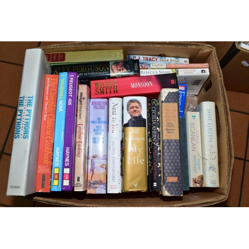 408 - SIX BOXES OF HARDBACK AND PAPERBACK BOOKS, to include collection Marilyn Monroe books, various autho... 