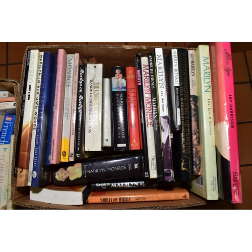 408 - SIX BOXES OF HARDBACK AND PAPERBACK BOOKS, to include collection Marilyn Monroe books, various autho... 