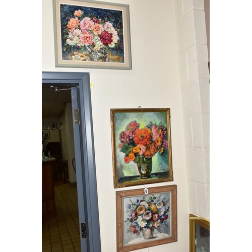 409 - THREE STILL LIFE STUDIES OF FLOWERS to include Marcelle Plaza oil on board, signed bottom right, fra... 