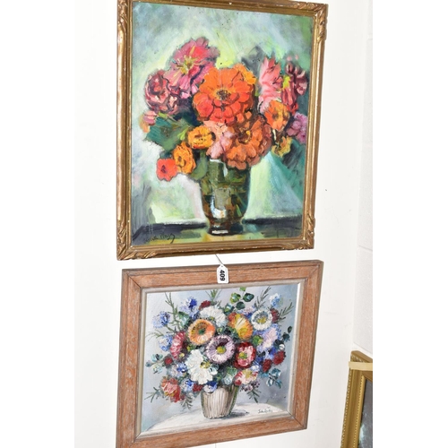 409 - THREE STILL LIFE STUDIES OF FLOWERS to include Marcelle Plaza oil on board, signed bottom right, fra... 