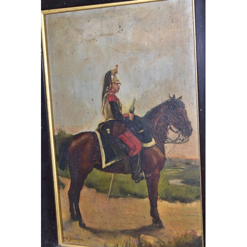 411 - ARMAND DUMARESQ (1826-1895), a French cuirassier/cavalryman on horseback with pistol drawn, signed b... 