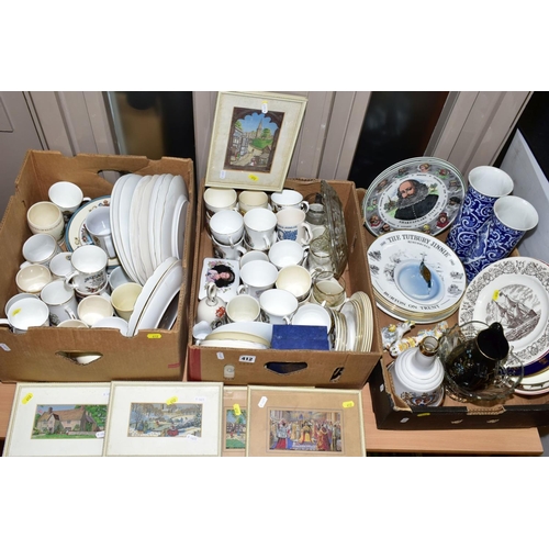 412 - THREE BOXES AND LOOSE CERAMICS, PICTURES, GLASS ETC, to include framed woven silk pictures (Macclesf... 