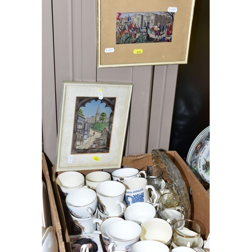 412 - THREE BOXES AND LOOSE CERAMICS, PICTURES, GLASS ETC, to include framed woven silk pictures (Macclesf... 