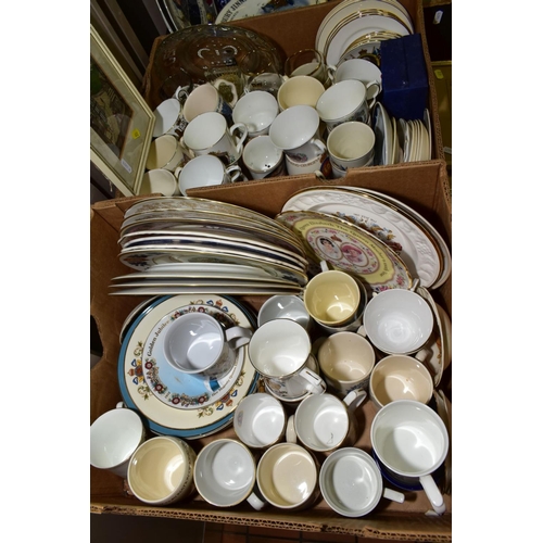 412 - THREE BOXES AND LOOSE CERAMICS, PICTURES, GLASS ETC, to include framed woven silk pictures (Macclesf... 