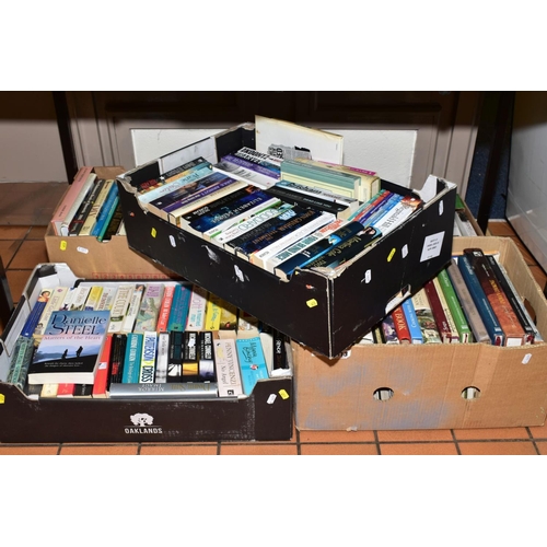 413 - FIVE BOXES OF HARDBACK AND PAPERBACK BOOKS, mostly fiction, cooking etc (John Grisham, Danielle Stee... 