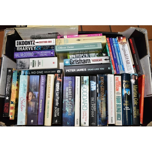 413 - FIVE BOXES OF HARDBACK AND PAPERBACK BOOKS, mostly fiction, cooking etc (John Grisham, Danielle Stee... 