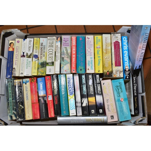 413 - FIVE BOXES OF HARDBACK AND PAPERBACK BOOKS, mostly fiction, cooking etc (John Grisham, Danielle Stee... 