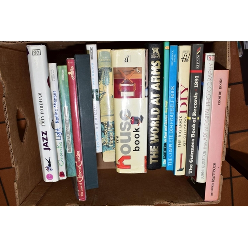 413 - FIVE BOXES OF HARDBACK AND PAPERBACK BOOKS, mostly fiction, cooking etc (John Grisham, Danielle Stee... 