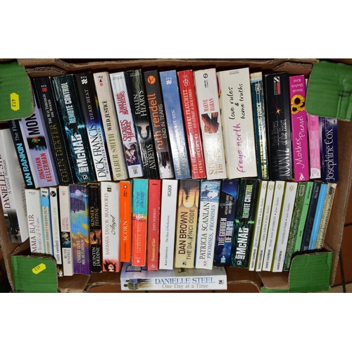 413 - FIVE BOXES OF HARDBACK AND PAPERBACK BOOKS, mostly fiction, cooking etc (John Grisham, Danielle Stee... 