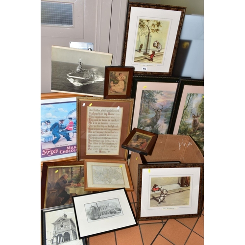 414 - ASSORTED PRINTS to include two Boris O'Klein prints of dogs, a pears print of a man carving a ham, t... 