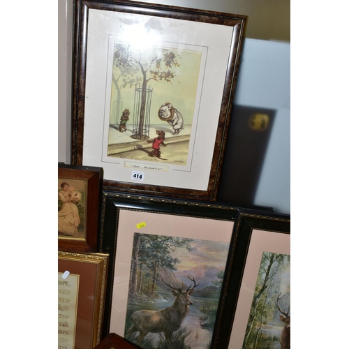 414 - ASSORTED PRINTS to include two Boris O'Klein prints of dogs, a pears print of a man carving a ham, t... 