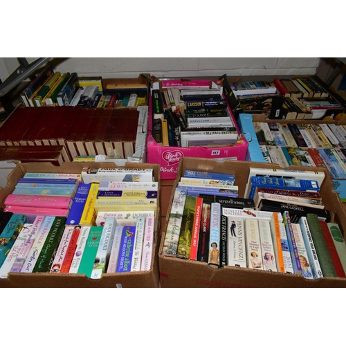 417 - SEVEN BOXES OF MOSTLY PAPERBACK BOOKS, some hardback relating to football, paperback authors Sophie ... 