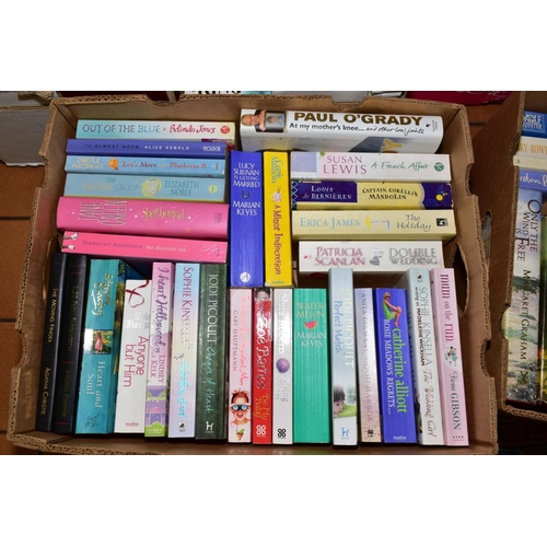 417 - SEVEN BOXES OF MOSTLY PAPERBACK BOOKS, some hardback relating to football, paperback authors Sophie ... 