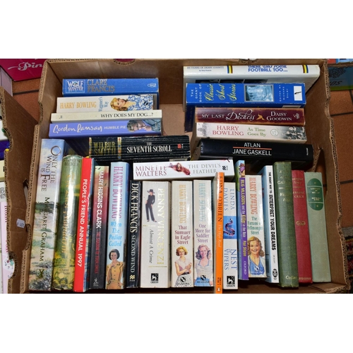 417 - SEVEN BOXES OF MOSTLY PAPERBACK BOOKS, some hardback relating to football, paperback authors Sophie ... 