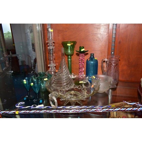 418 - A GROUP OF MOSTLY VICTORIAN GLASSWARE, including Apothecary interest etc, a Wrythen glass funnel, a ... 