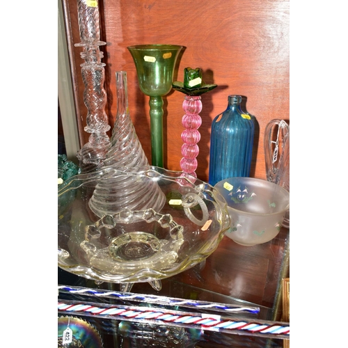 418 - A GROUP OF MOSTLY VICTORIAN GLASSWARE, including Apothecary interest etc, a Wrythen glass funnel, a ... 