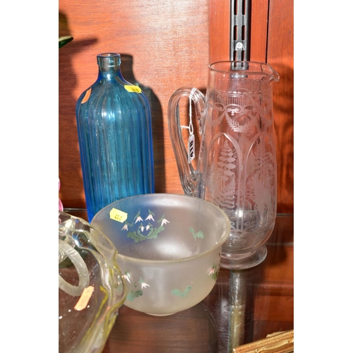 418 - A GROUP OF MOSTLY VICTORIAN GLASSWARE, including Apothecary interest etc, a Wrythen glass funnel, a ... 