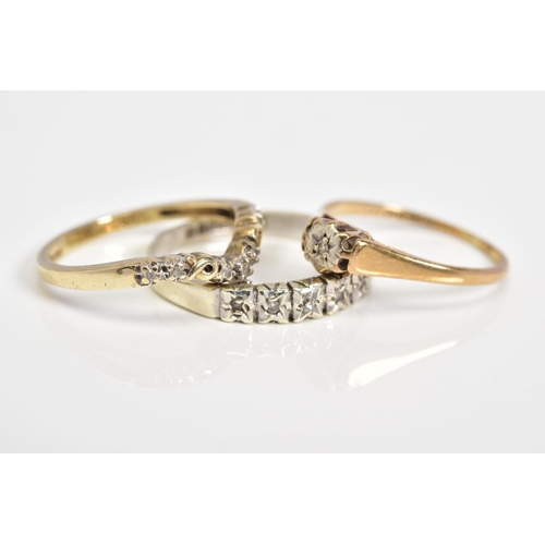 42 - THREE 9CT GOLD DIAMOND RINGS, the first a half eternity ring, with a 9ct hallmark for Birmingham, ri... 