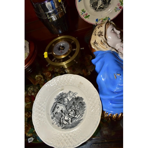 420 - TWO VICTORIAN POTTERY NURSERY PLATES, one titled 'Arabian Nights' together with a chrome biscuit bar... 