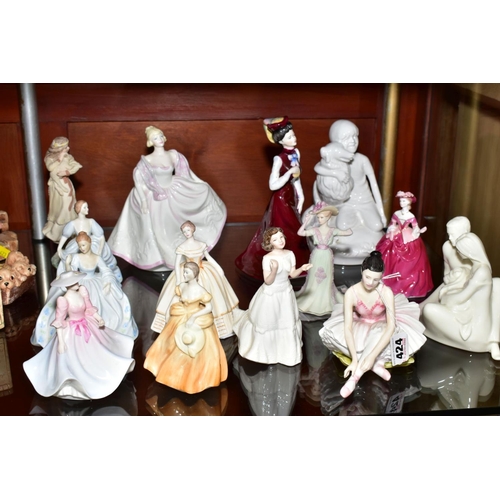 424 - FOURTEEN VARIOUS FIGURINES, to include Royal Worcester 'Reflection', 'New Born' and 'Lady Elizabeth'... 